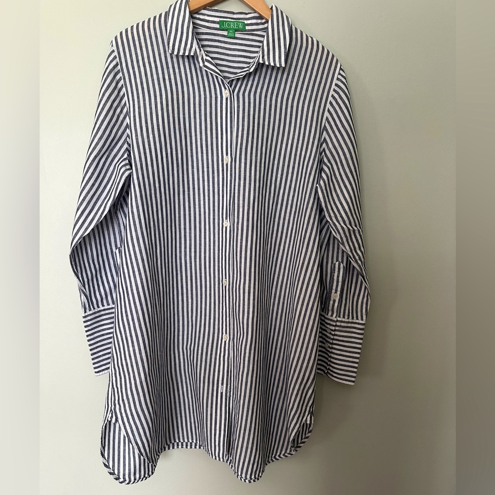 J Crew Linen / Cotton Blend Navy Striped Beach Cover Up Shirt Dress Size XXL